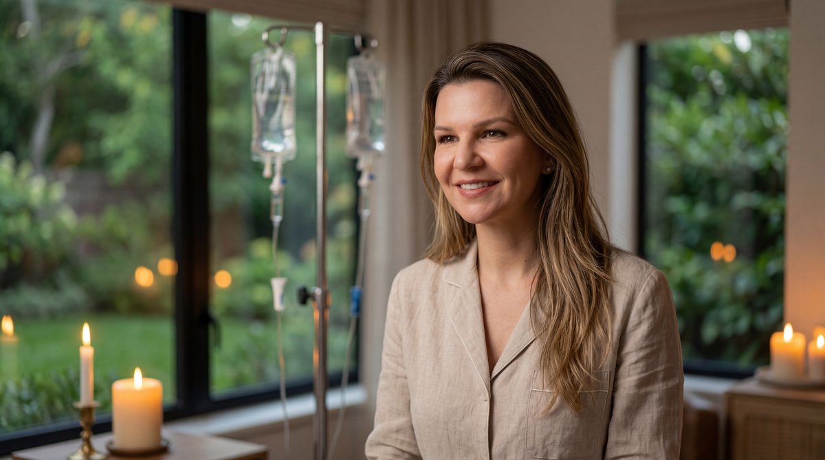 Illustration of various colored IV therapy bags representing different vitamin drips and hydration treatments